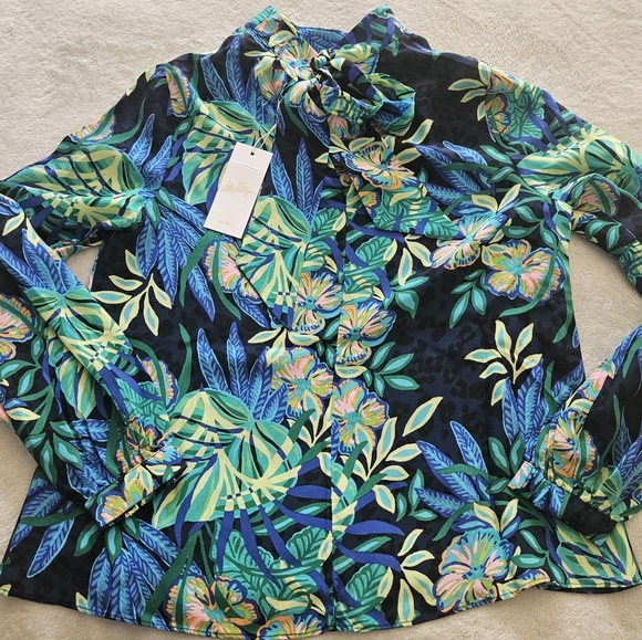 Lilly Pulitzer Witaker Silk Mock Neck Tie Back Long Sleeve Top: Multi Floral: XS - Picture 4 of 15